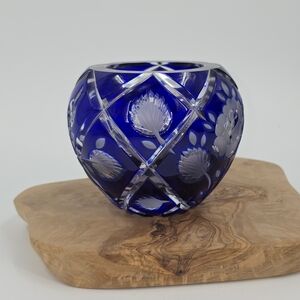 Elegant Bohemian Blue Cut to Clear Crystal Vase BOHO Czech